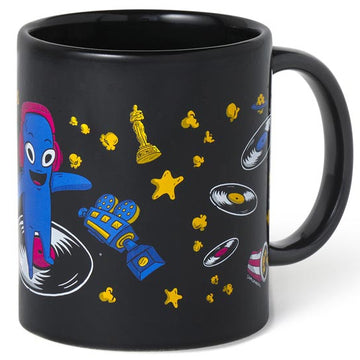 Black mug with colorful designs on a white background